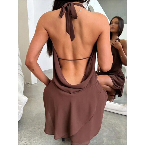 Women's Chiffon Halter Backless Ruffle Tiered Party Mini Dress - Picture 2 of 4